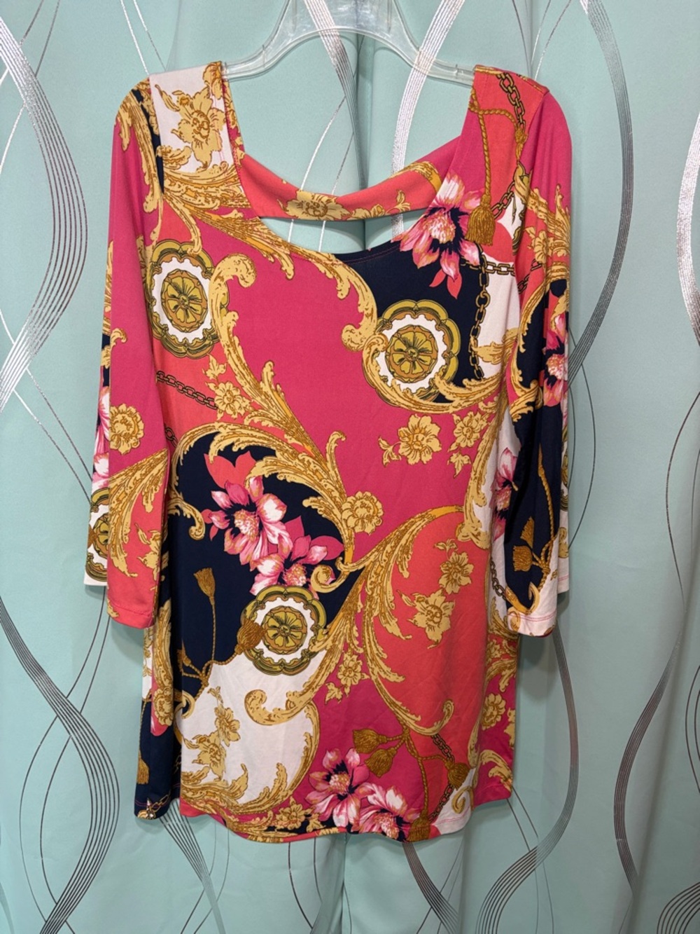 Sunny Leigh Pink and Navy Baroque Floral Long Sleeve Top